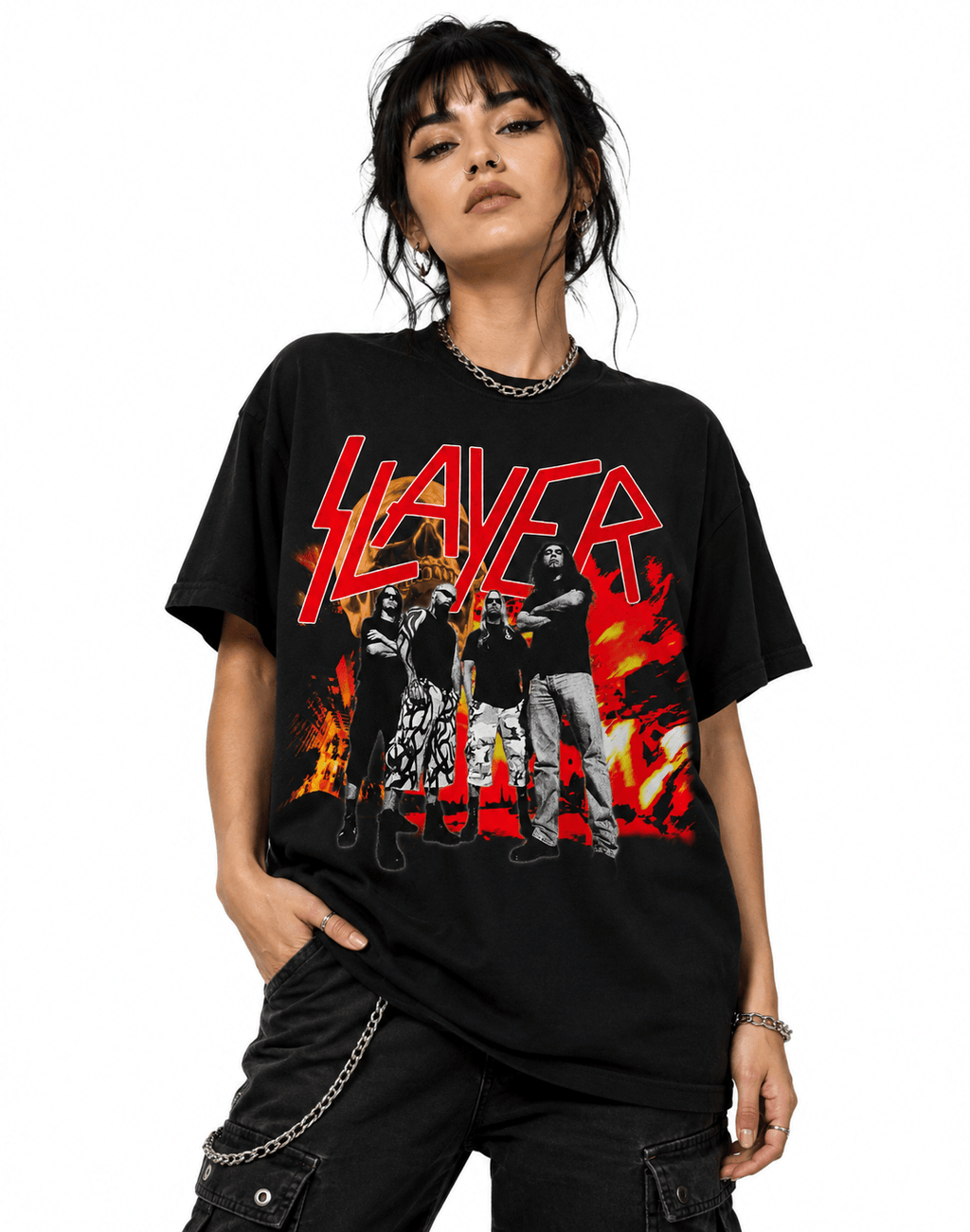 Slayer Unisex Oversized Graphic T-Shirt  With Blood Red Band Collage Chaos Design Female Model