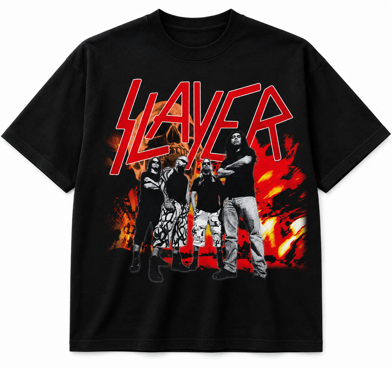 Slayer Unisex Oversized Graphic T-Shirt  With Blood Red Band Collage Chaos Design Front 