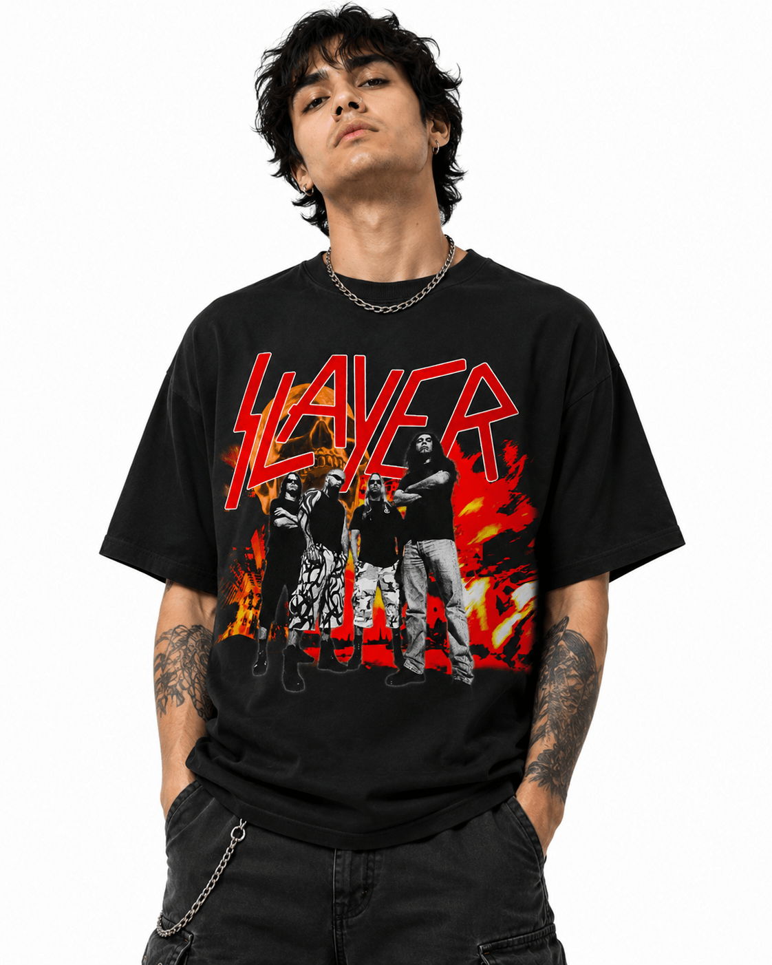 Slayer Unisex Oversized Graphic T-Shirt  With Blood Red Band Collage Chaos Design Male Model