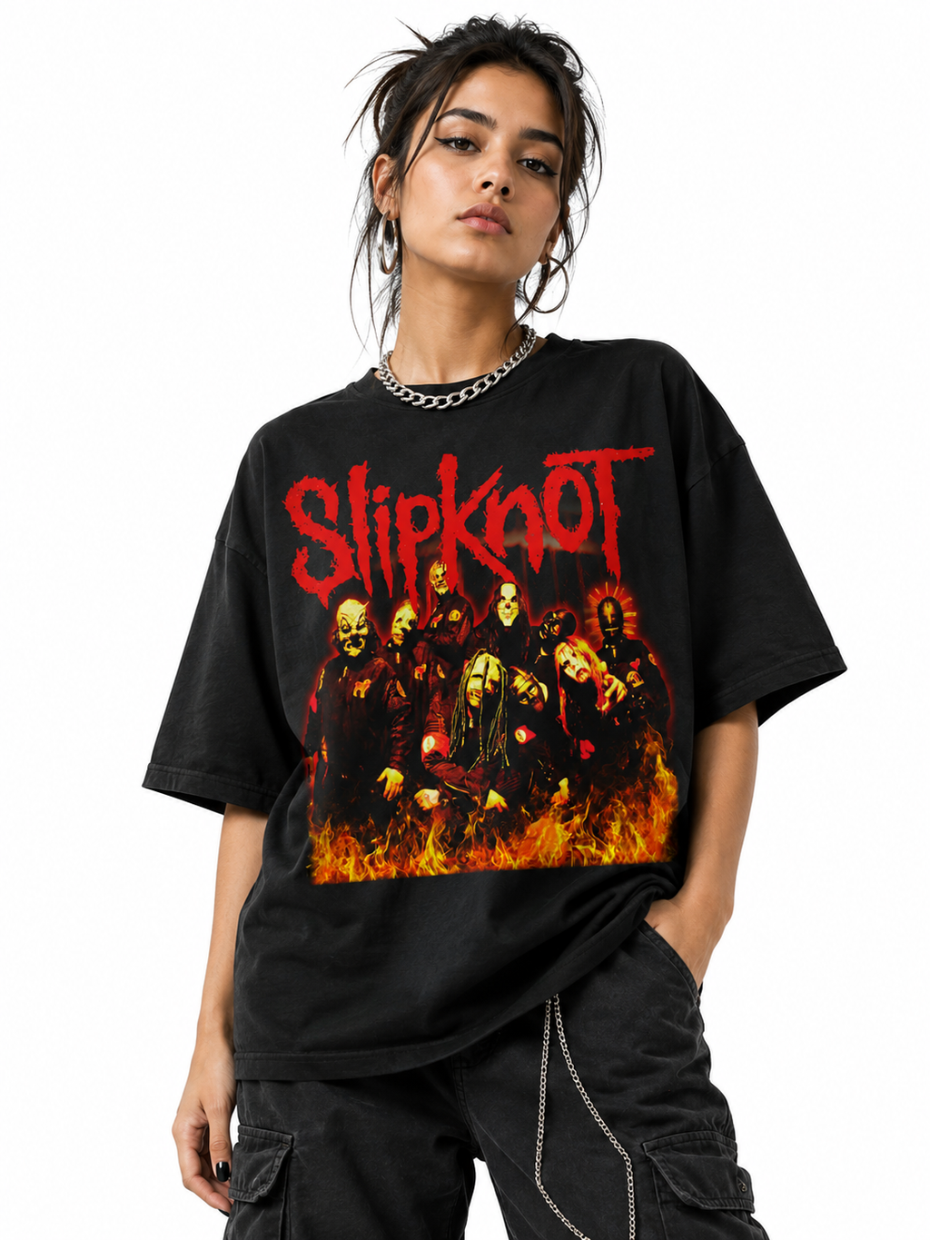 Slipknot Unisex Oversized Graphic T-Shirt Inferno Red Masked Chaos Design Female Model