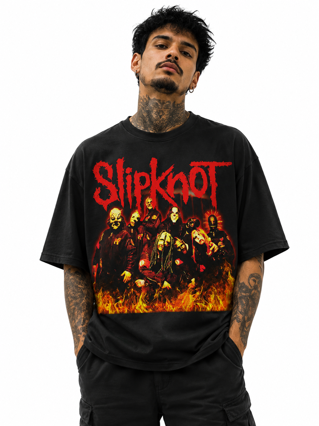 Slipknot Unisex Oversized Graphic T-Shirt Inferno Red Masked Chaos Design Male Model