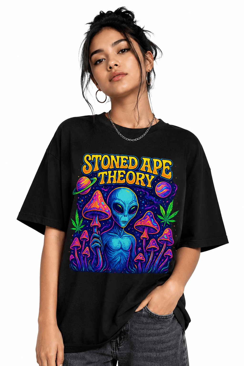 Stoned Ape Theory Unisex Oversized Graphic T-Shirt With Cosmic Purple Design Female Model