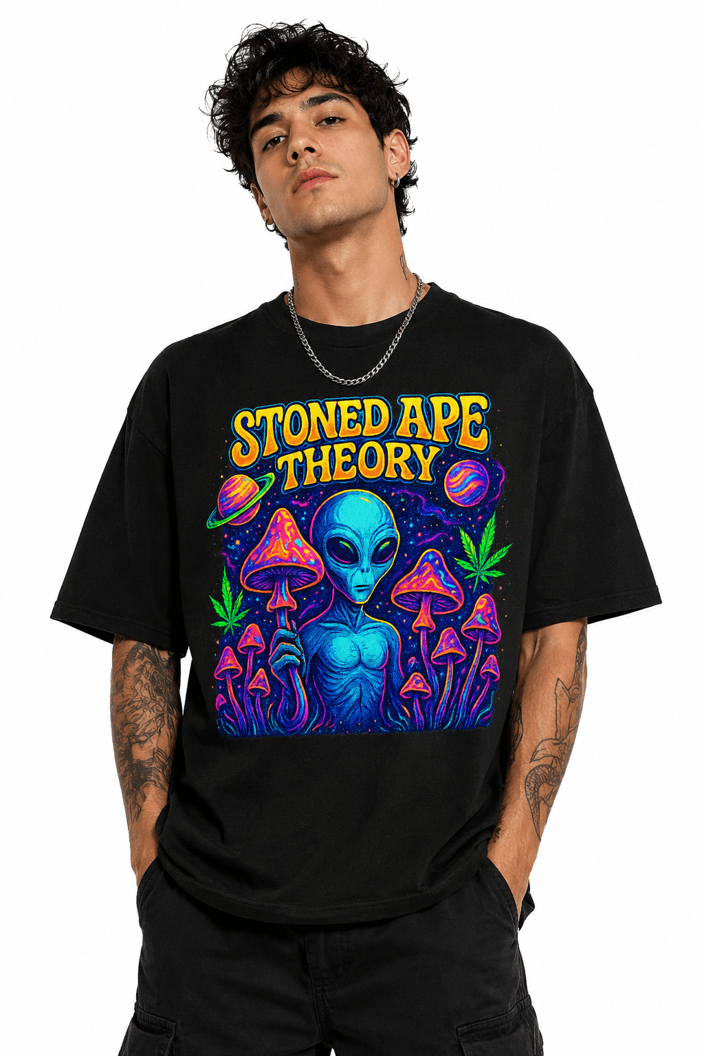 Stoned Ape Theory Unisex Oversized Graphic T-Shirt With Cosmic Purple Design Male Model