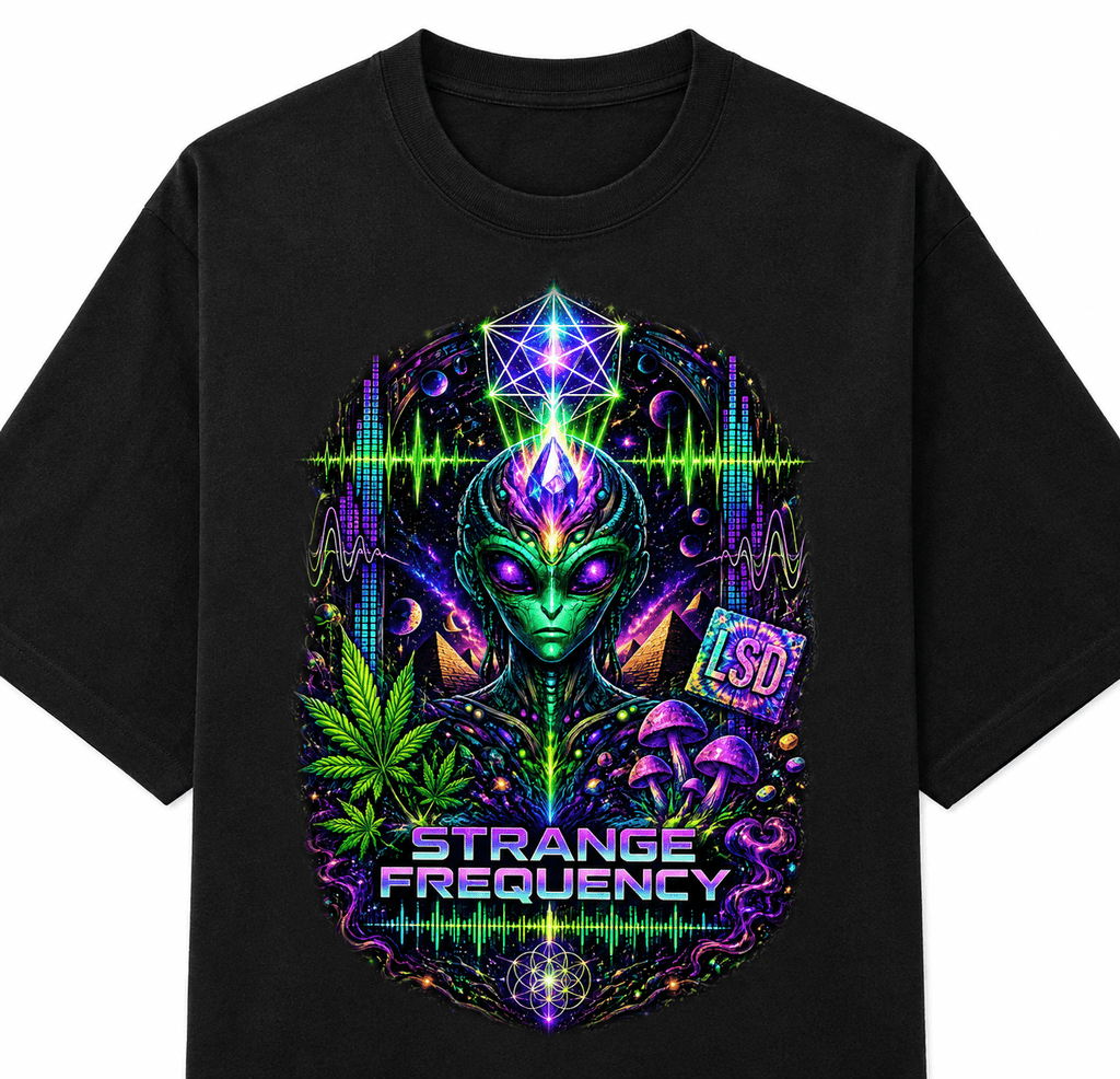 Psytrance Strange Frequency Unisex Oversized Graphic T-Shirt With Neon Purple Design Close Up