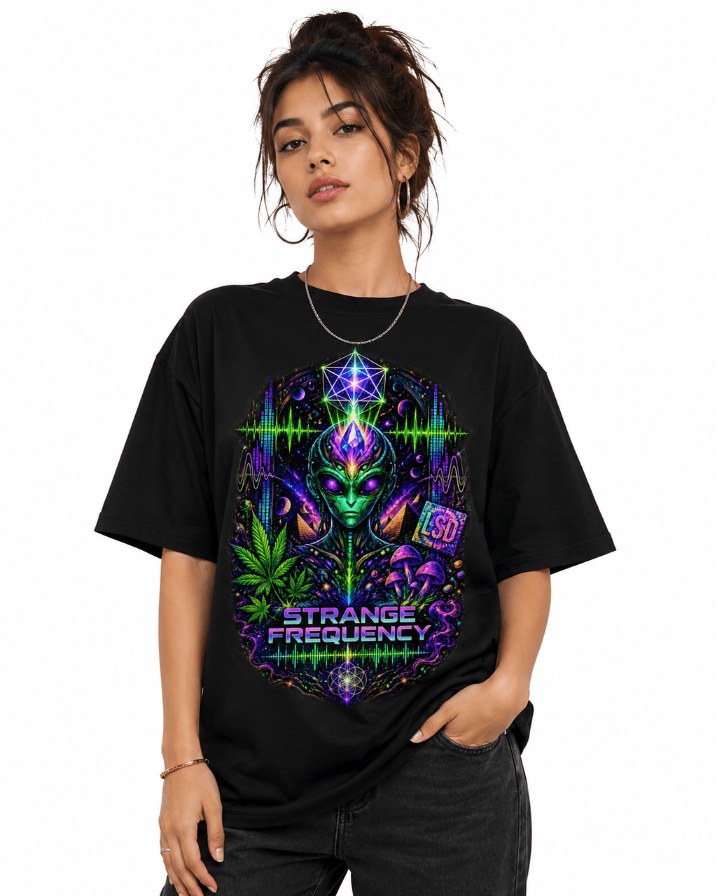 Psytrance Strange Frequency Unisex Oversized Graphic T-Shirt With Neon Purple Design Female Model