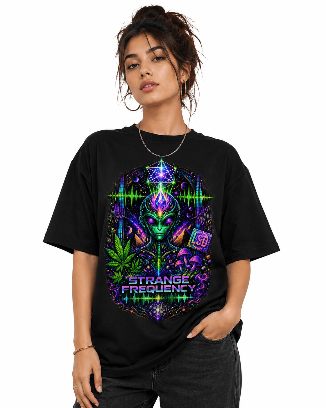 Psytrance Strange Frequency Unisex Oversized Graphic T-Shirt With Neon Purple Design Female Model