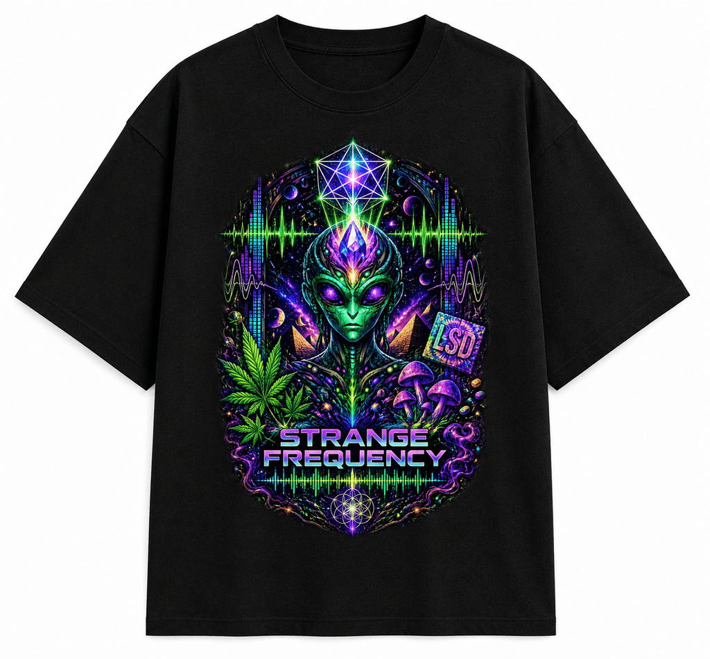 Psytrance Strange Frequency Unisex Oversized Graphic T-Shirt With Neon Purple Design Front 