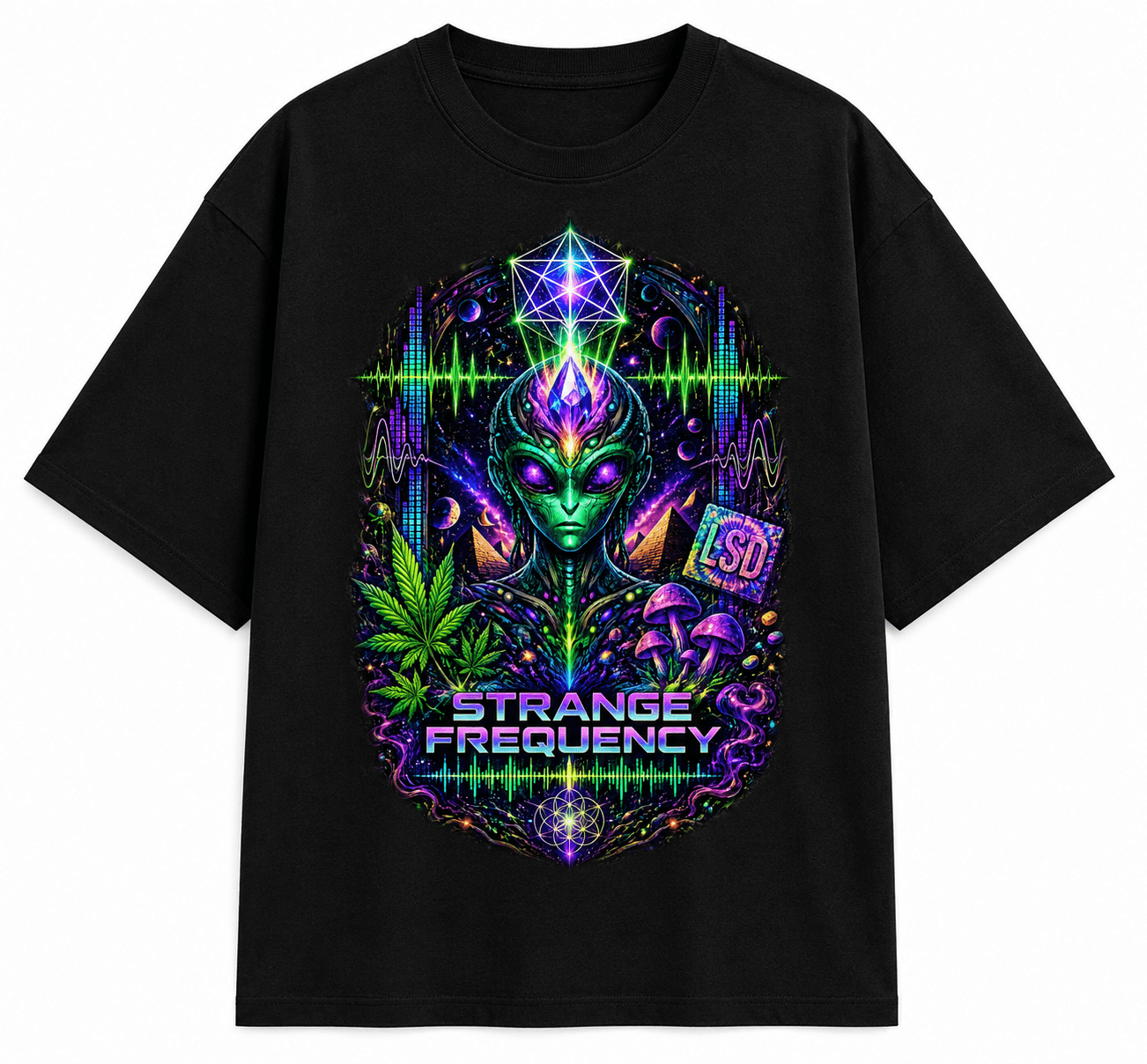 Psytrance Strange Frequency Unisex Oversized Graphic T-Shirt With Neon Purple Design Front 