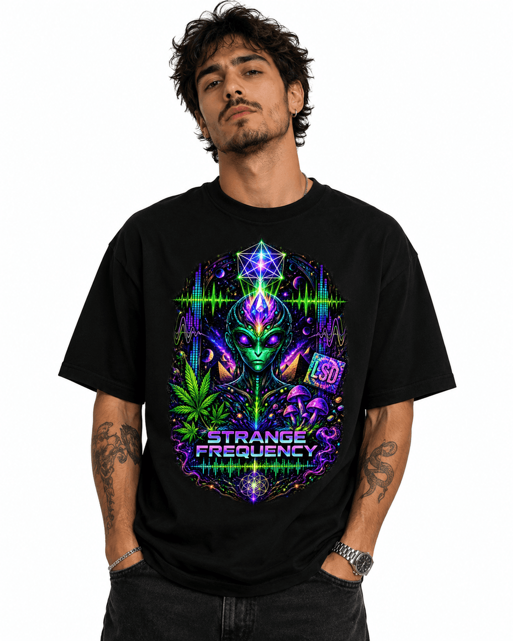 Psytrance Strange Frequency Unisex Oversized Graphic T-Shirt With Neon Purple Design Male Model