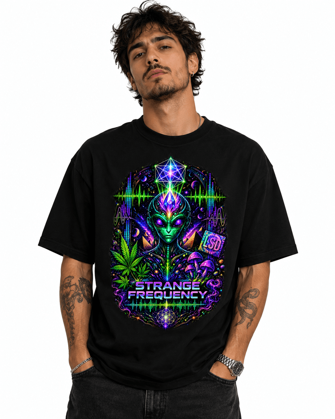 Psytrance Strange Frequency Unisex Oversized Graphic T-Shirt With Neon Purple Design Male Model