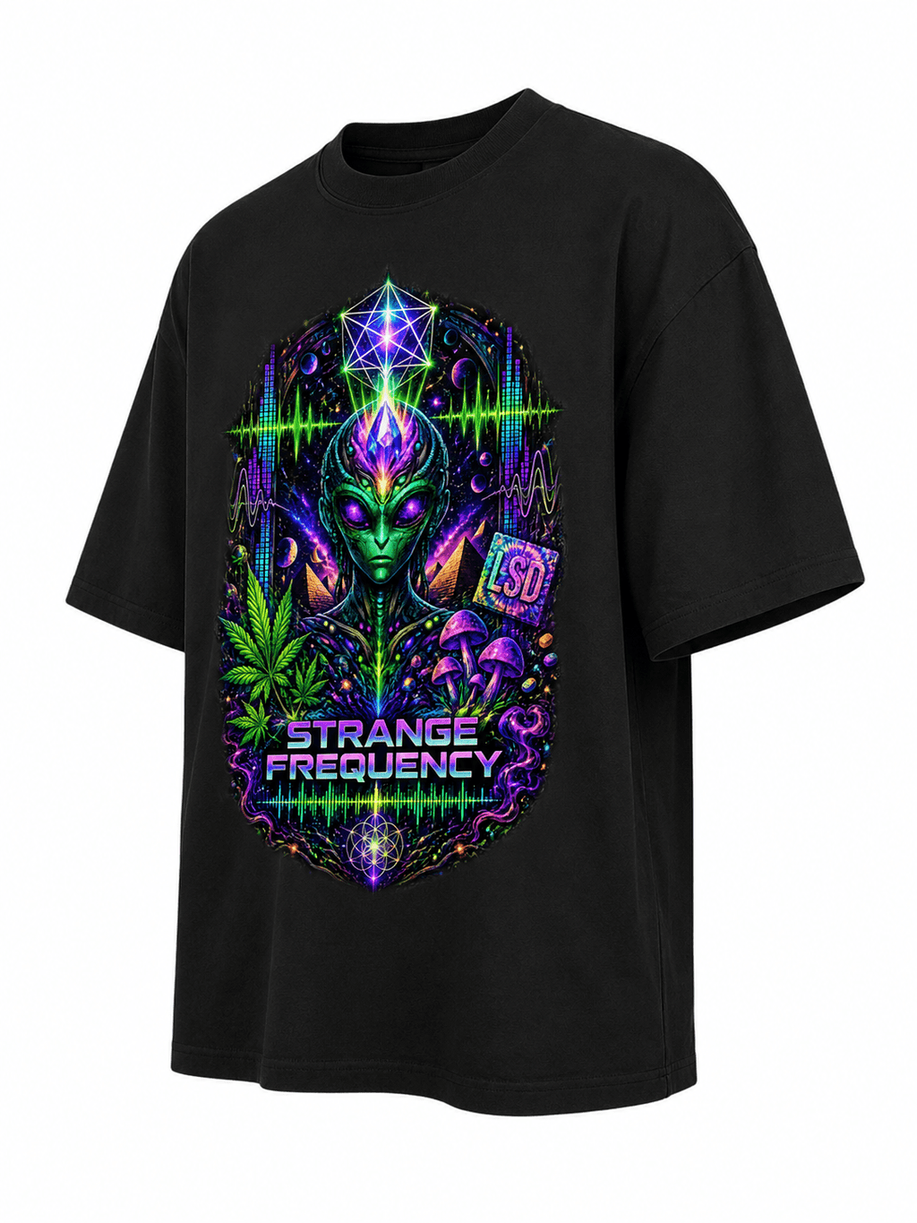 Psytrance Strange Frequency Unisex Oversized Graphic T-Shirt With Neon Purple Design Side