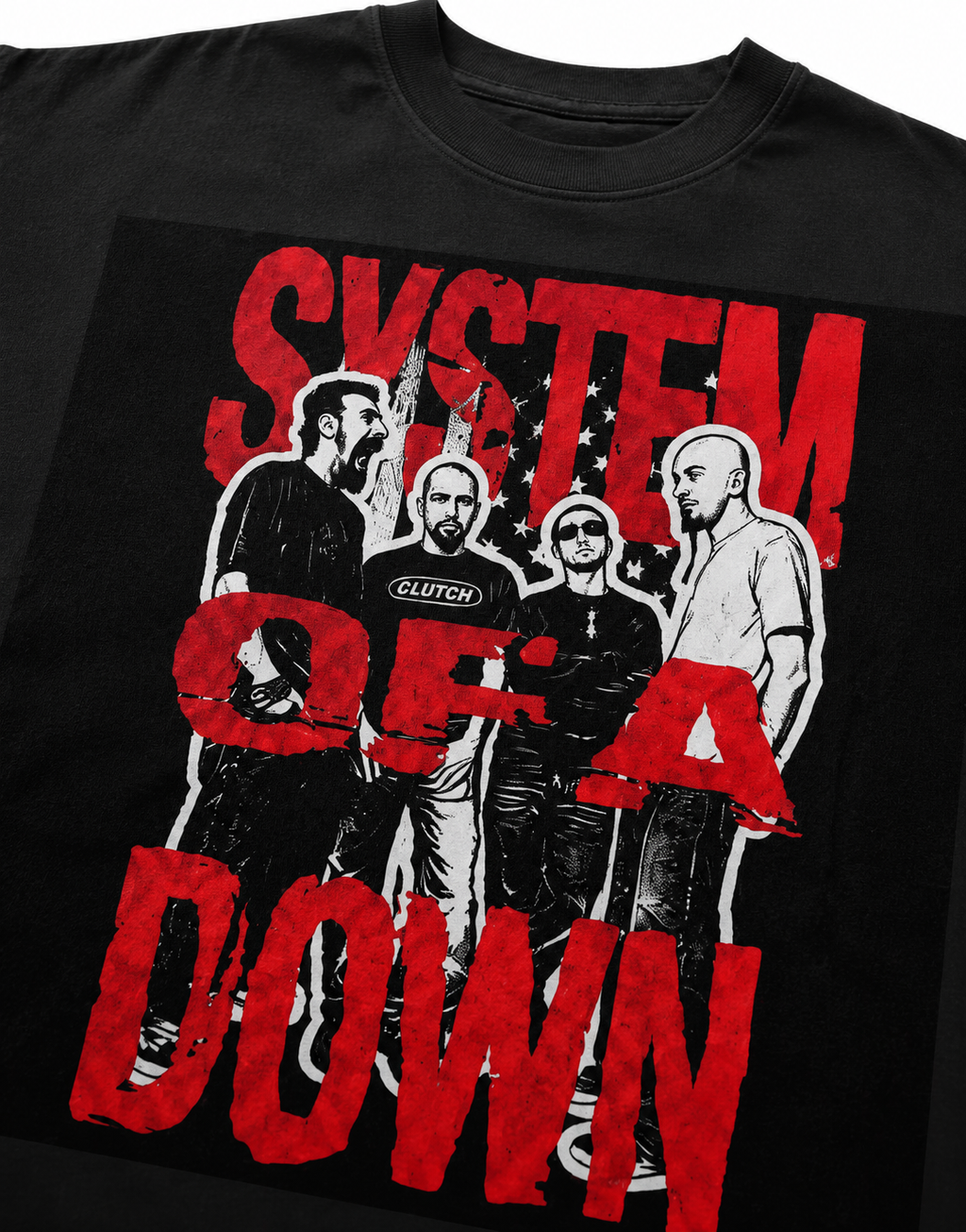 System Of A Down Unisex Oversized Graphic T-Shirt With Toxic Red Distressed Band Collage Chaos Design Close-Up