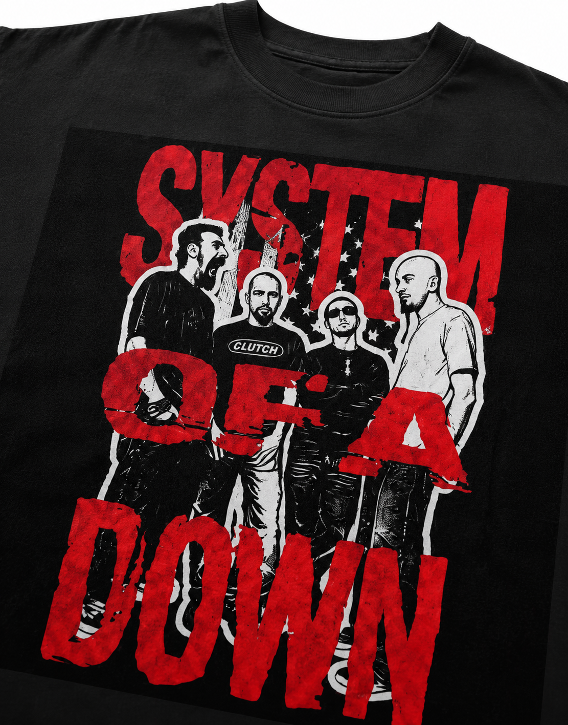 System Of A Down Unisex Oversized Graphic T-Shirt With Toxic Red Distressed Band Collage Chaos Design Close-Up