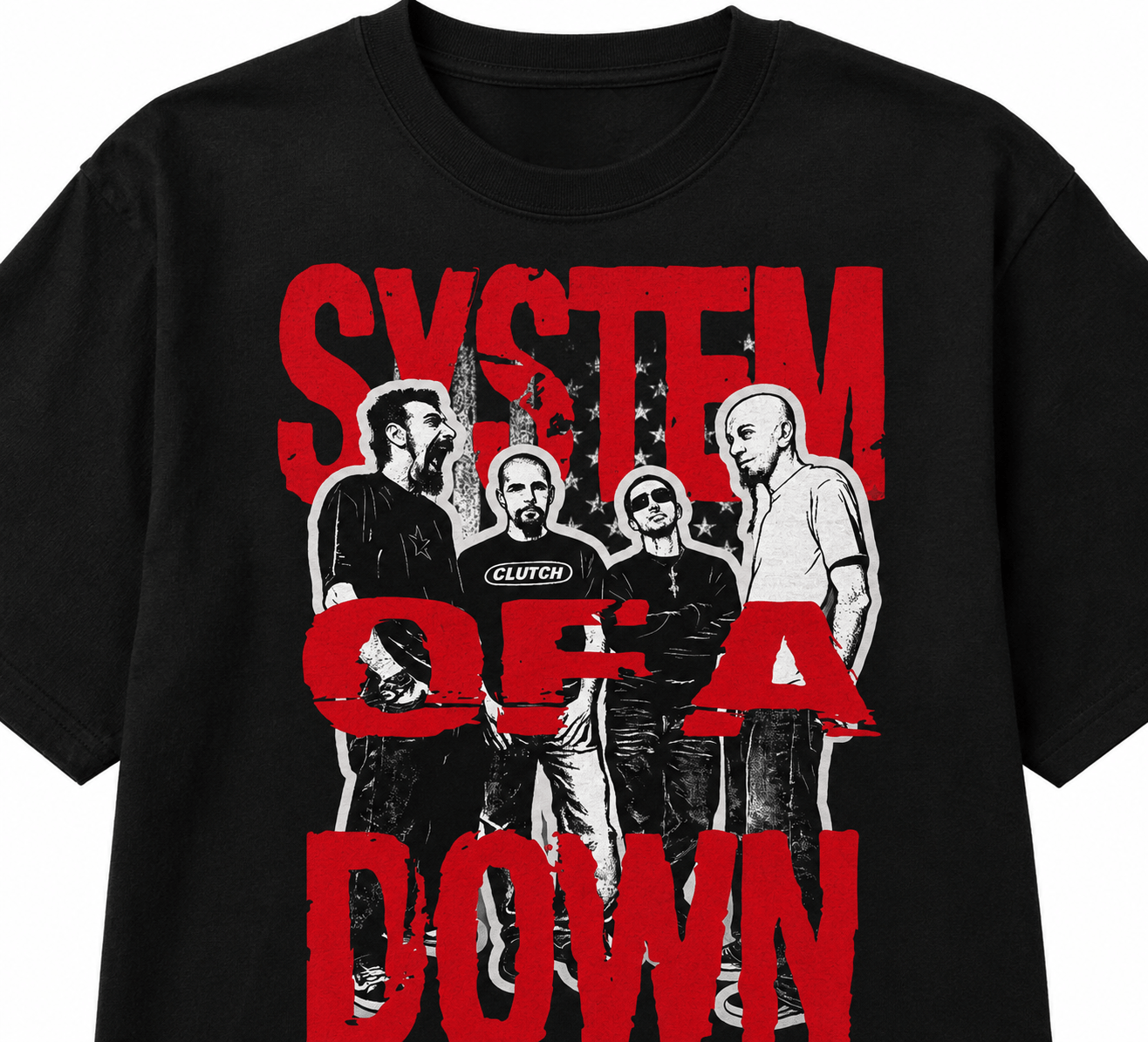 System Of A Down Unisex Oversized Graphic T-Shirt Toxic Red Distressed Band Collage Chaos Design Close Up