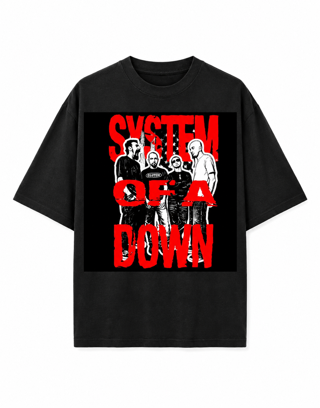 System Of A Down Unisex Oversized Graphic T-Shirt With Toxic Red Distressed Band Collage Chaos Design Front 