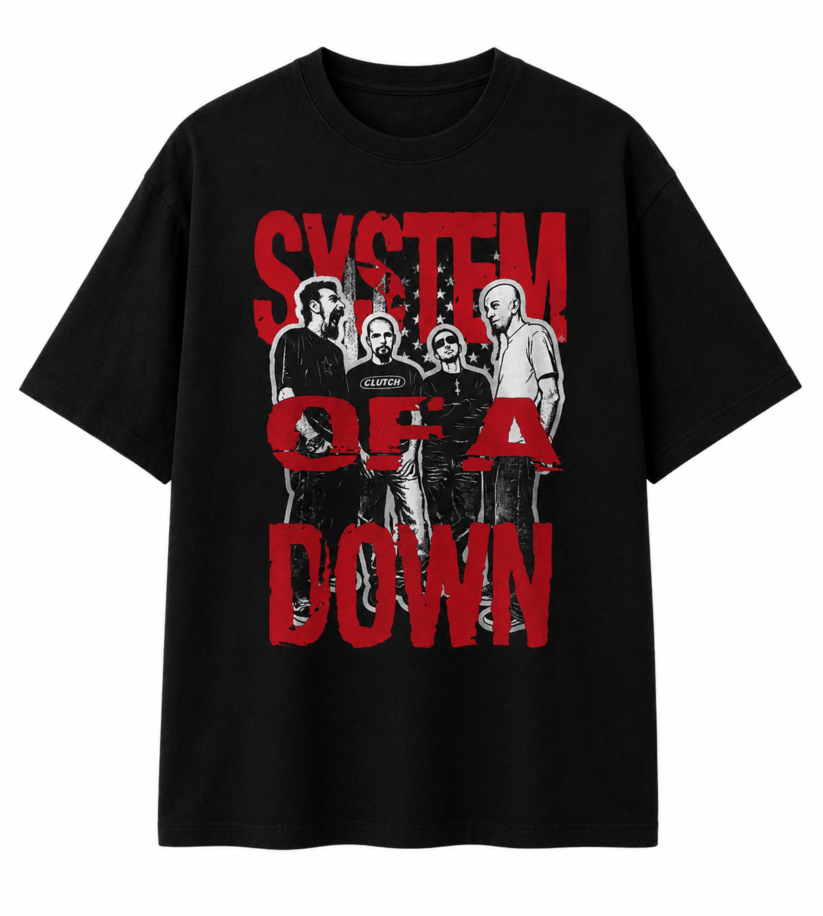 System Of A Down Unisex Oversized Graphic T-Shirt Toxic Red Distressed Band Collage Chaos Design front 