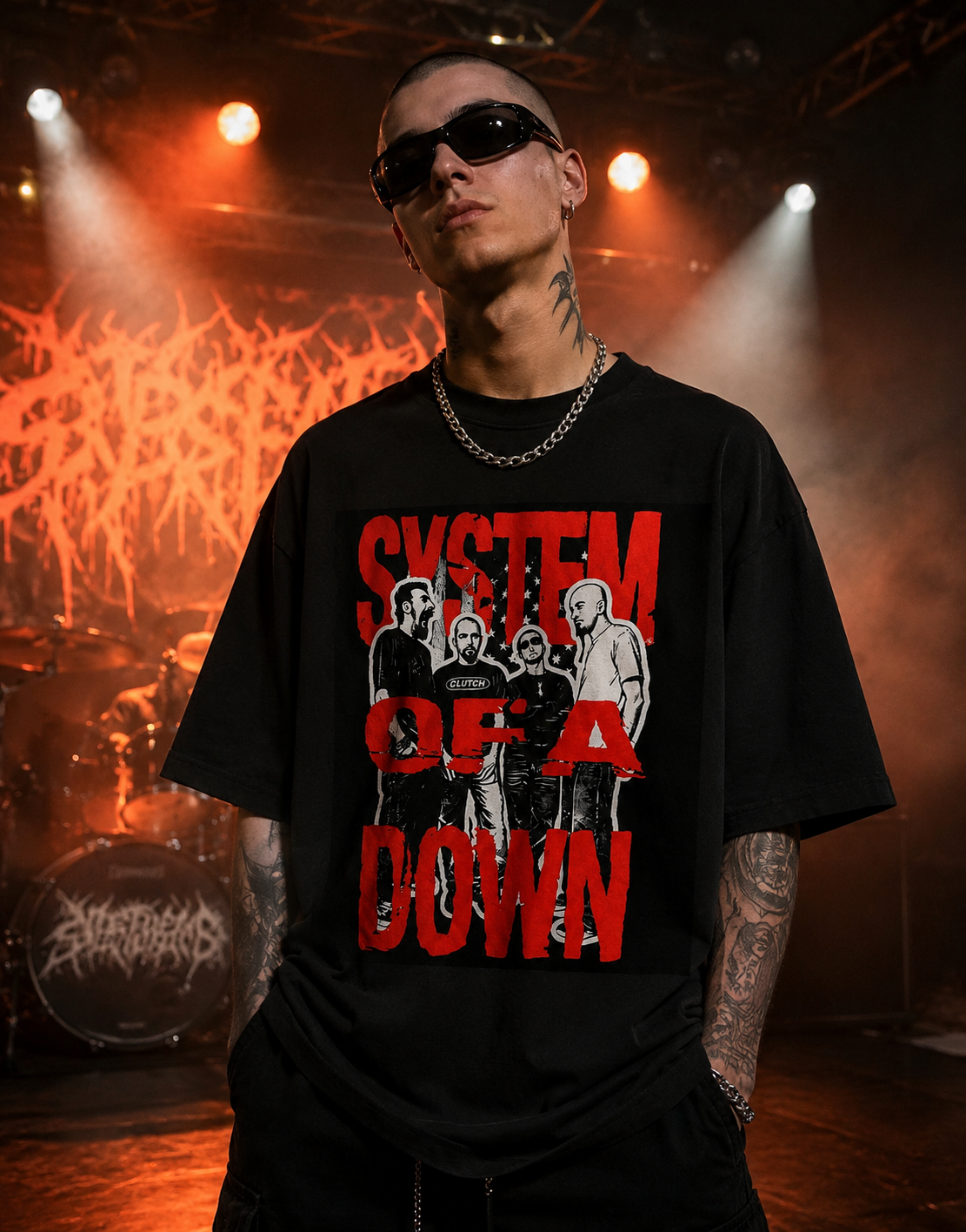 System Of A Down Unisex Oversized Graphic T-Shirt With Toxic Red Distressed Band Collage Chaos Design Lifestyle
