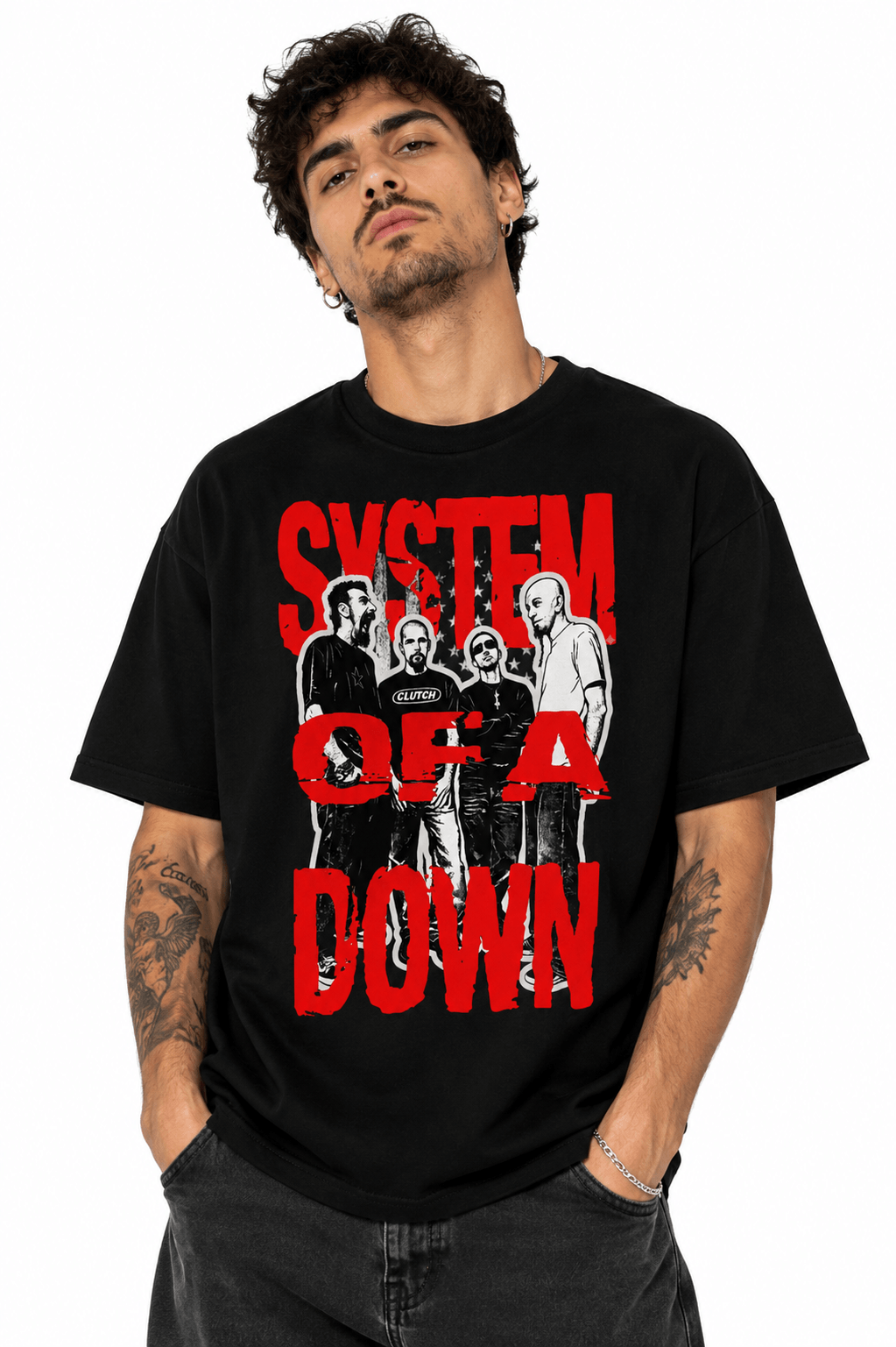 System Of A Down Unisex Oversized Graphic T-Shirt Toxic Red Distressed Band Collage Chaos Design Male Model