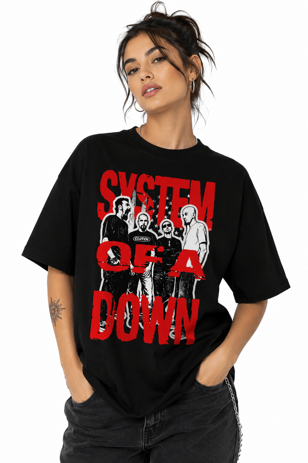 System Of A Down Unisex Oversized Graphic T-Shirt Toxic Red Distressed Band Collage Chaos Design Female Model