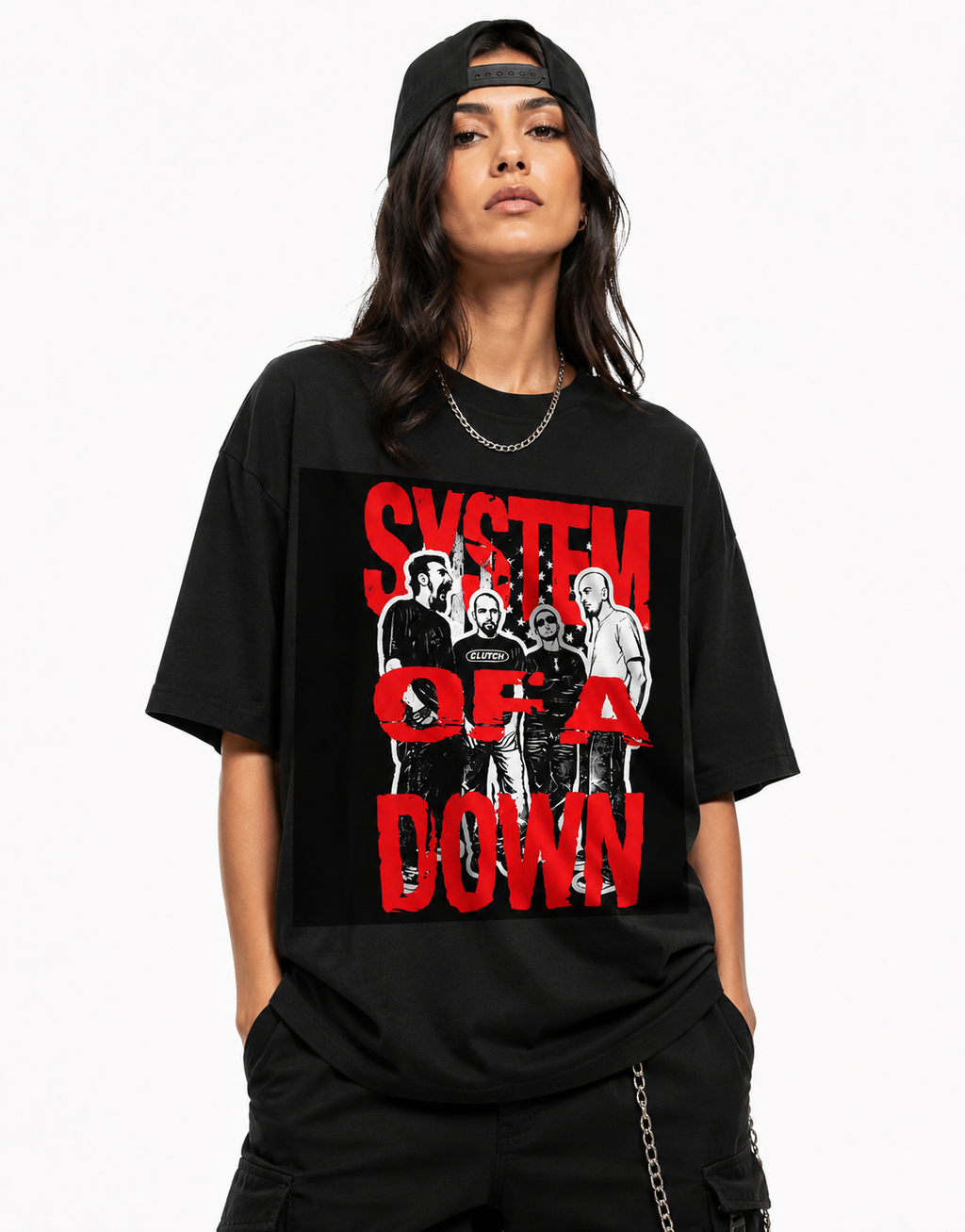 System Of A Down Unisex Oversized Graphic T-Shirt With Toxic Red Distressed Band Collage Chaos Design Model