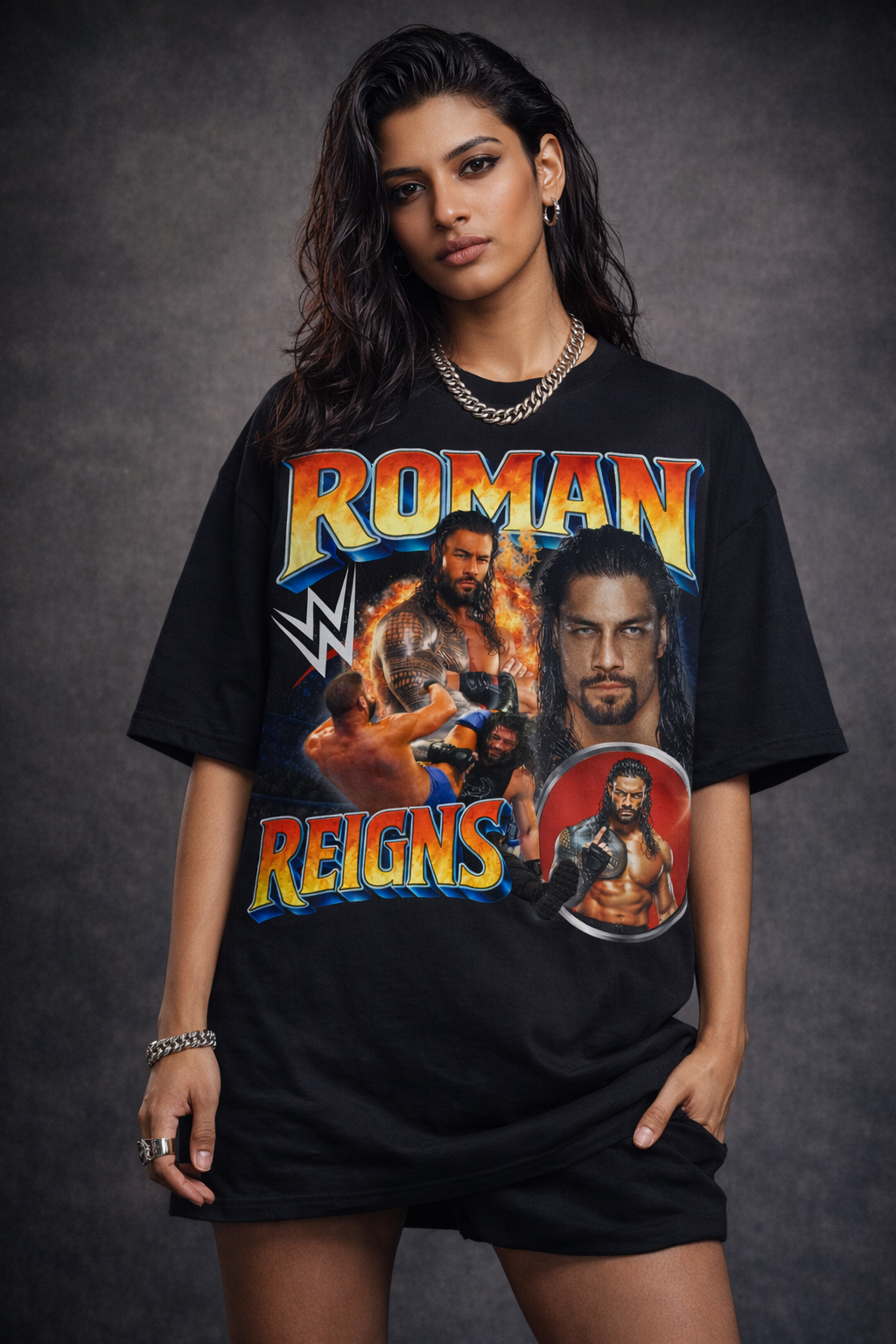 Roman Reigns Tribal Firestorm WWE Unisex Oversized Graphic T-Shirt for women with Rise and Championship aura.
